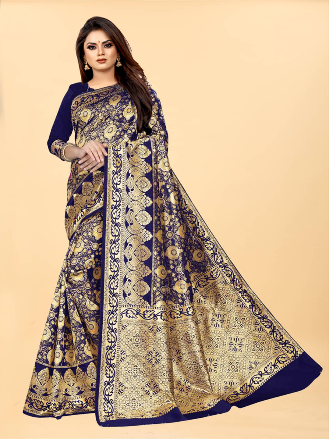 Gazal Fashions Banarasi Silk Self Design Saree With Unstitched Blouse Piece ( Blue ) - Sarees | Buy online on ZillyBuy