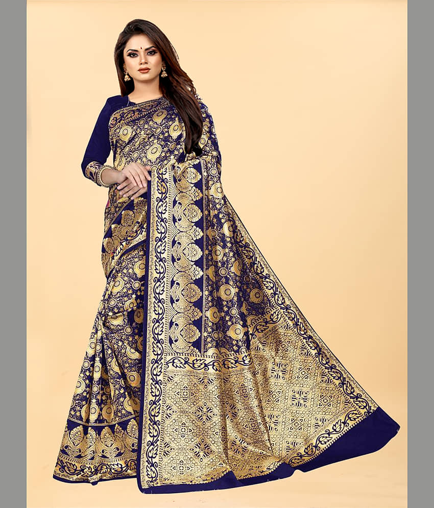 Gazal Fashions Banarasi Silk Self Design Saree With Unstitched Blouse Piece ( Blue ) - Sarees | Buy online on ZillyBuy