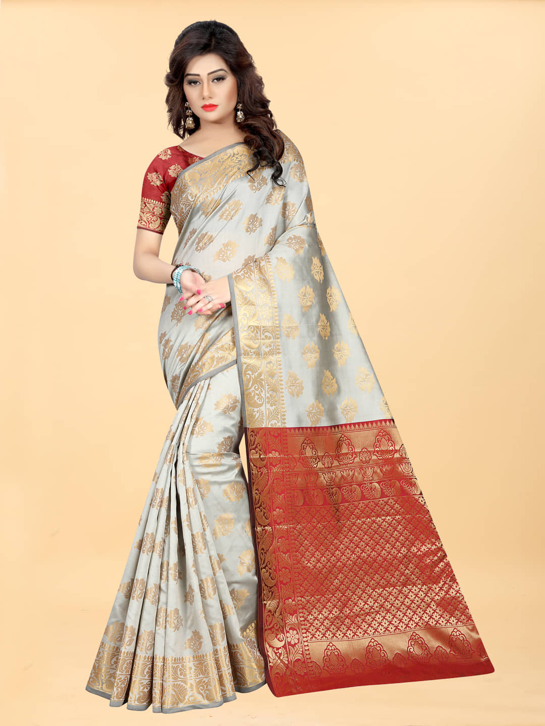 Gazal Fashions Banarasi Silk Embellished Saree With Unstitched Blouse Piece ( Cream ) - Sarees | Buy online on ZillyBuy