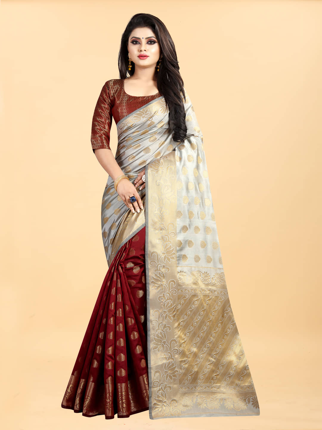 Gazal Fashions Banarasi Silk Embellished Saree With Unstitched Blouse Piece ( Cream ) - Sarees | Buy online on ZillyBuy
