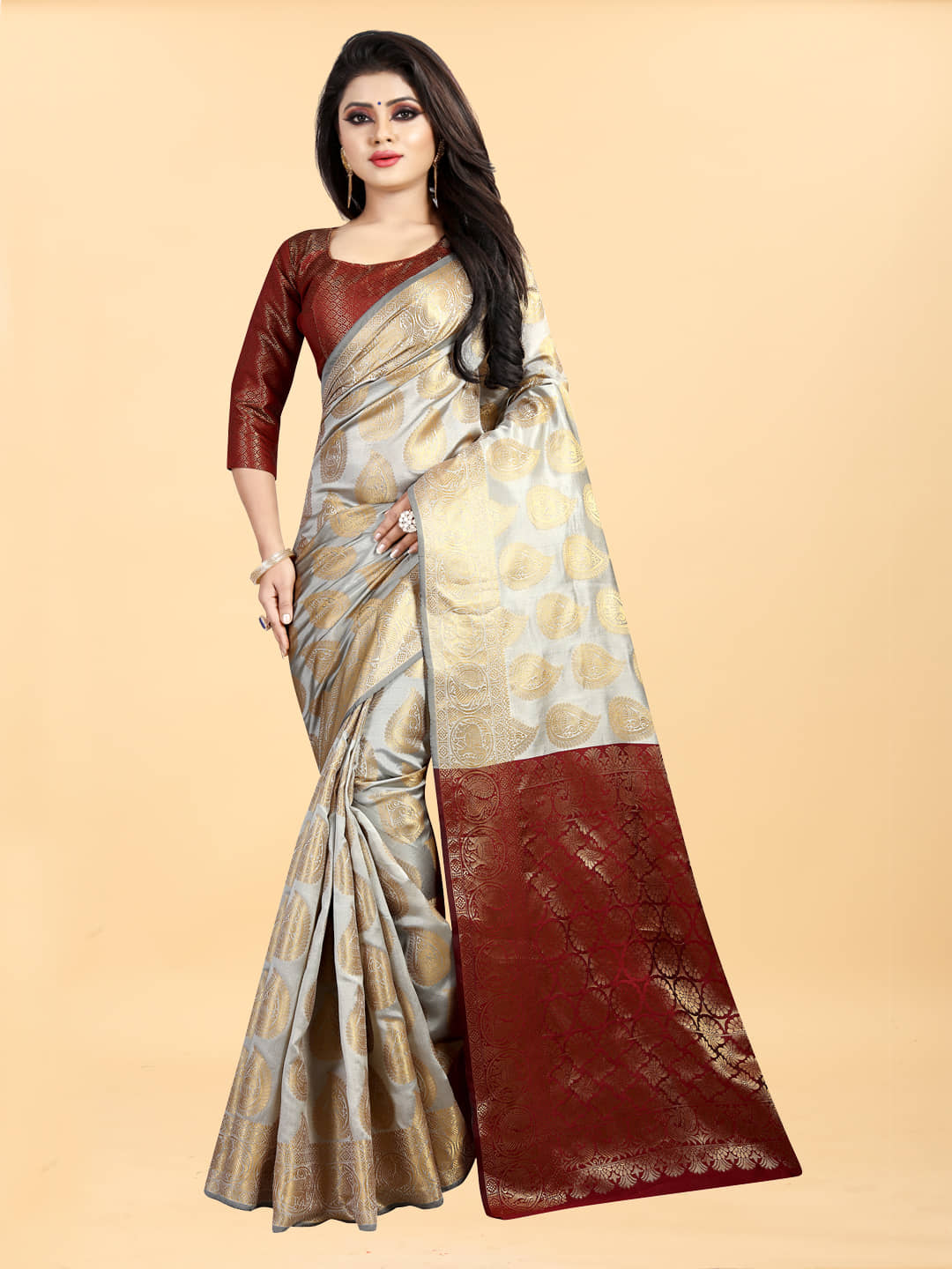 Gazal Fashions Banarasi Silk Embellished Saree With Unstitched Blouse Piece ( Cream ) - Sarees | Buy online on ZillyBuy