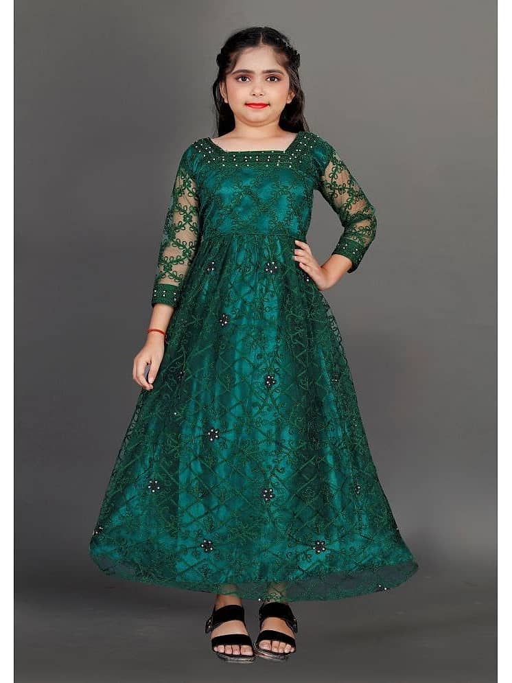 Sky Heights Girls' White Net Long Frock/ Gown (Party Wear Dress