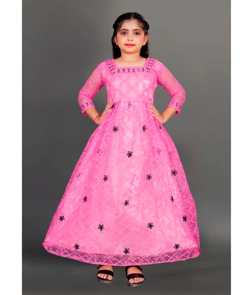 Apnisha Net Fit And Flare Dress For Girls ( Pack of 1 , Pink )