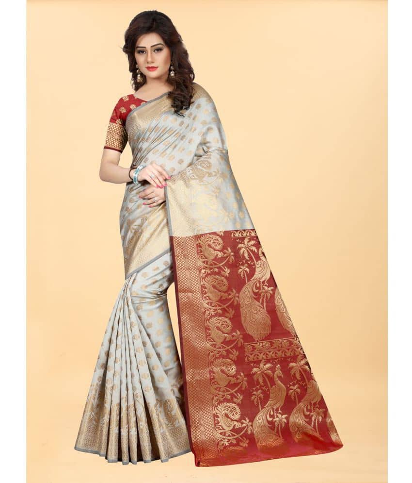 Gazal Fashions Banarasi Silk Embellished Saree With Unstitched Blouse Piece ( Cream ) - Sarees | Buy online on ZillyBuy
