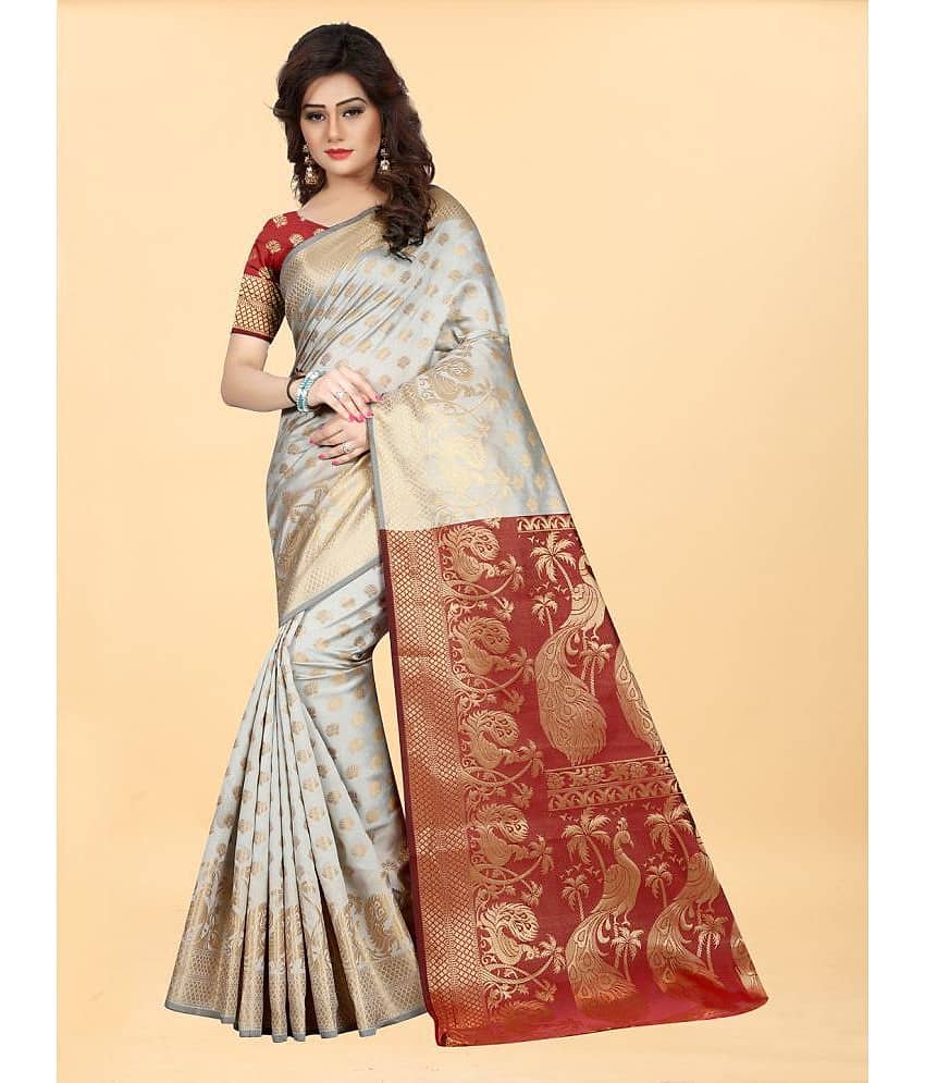 Gazal Fashions Banarasi Silk Embellished Saree With Unstitched Blouse Piece ( Cream ) - Sarees | Buy online on ZillyBuy