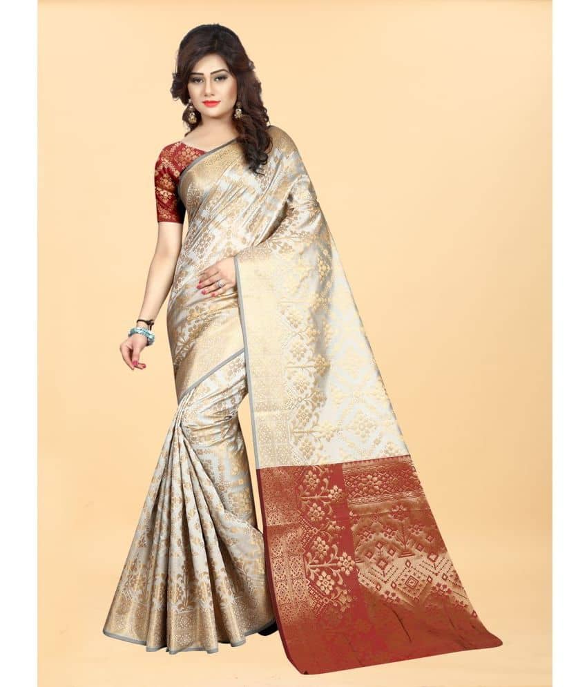 Gazal Fashions Banarasi Silk Embellished Saree With Unstitched Blouse Piece ( Cream ) - Sarees | Buy online on ZillyBuy