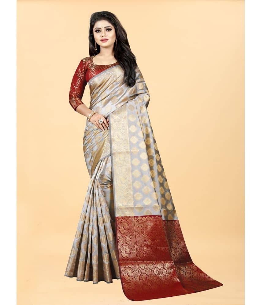 Gazal Fashions Banarasi Silk Embellished Saree With Unstitched Blouse Piece ( Cream ) - Sarees | Buy online on ZillyBuy