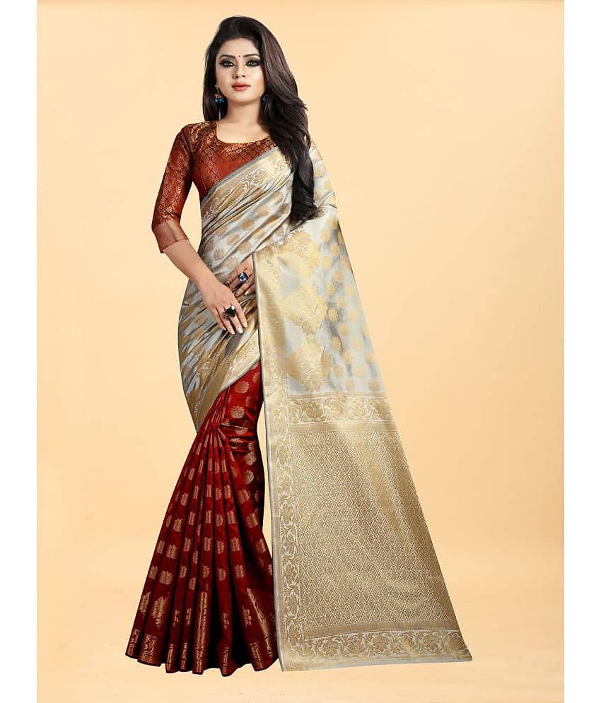 Gazal Fashions Banarasi Silk Embellished Saree With Unstitched Blouse Piece ( Cream ) - Sarees | Buy online on ZillyBuy
