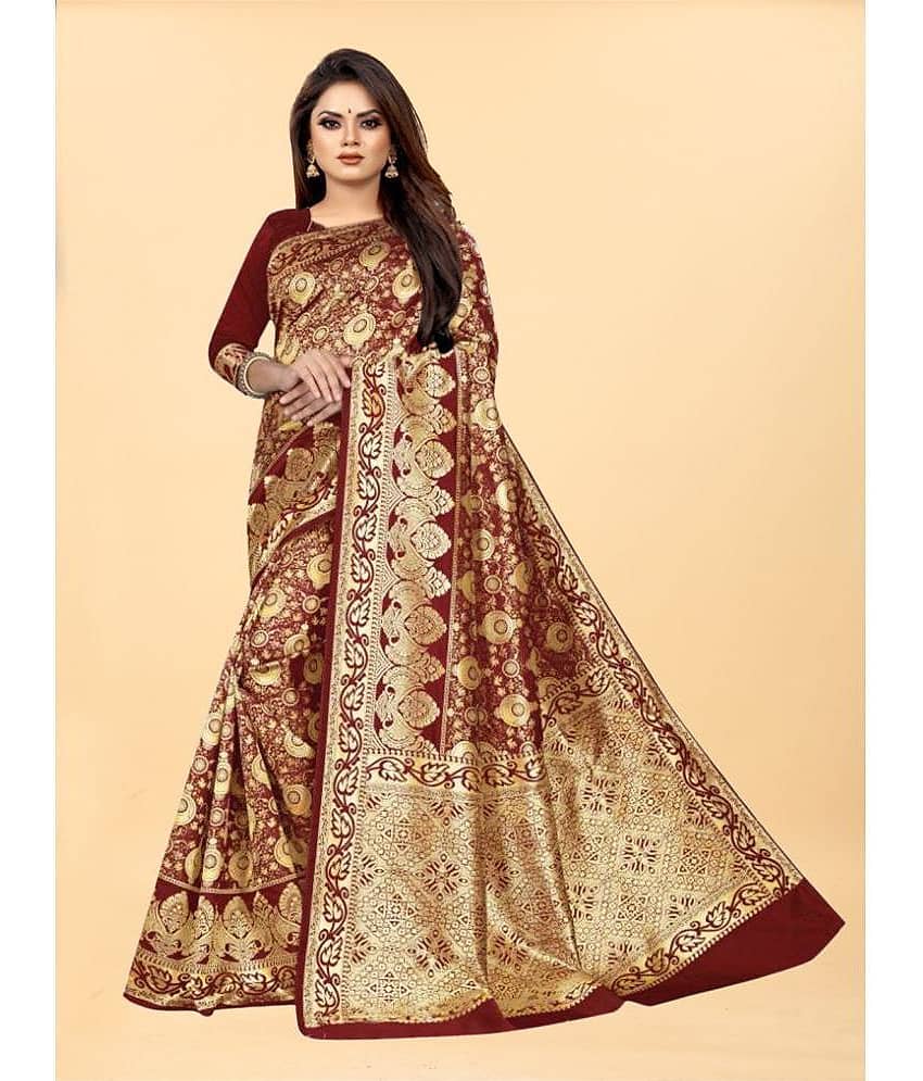Gazal Fashions Banarasi Silk Embellished Saree With Unstitched Blouse Piece ( Maroon ) - Sarees | Buy online on ZillyBuy