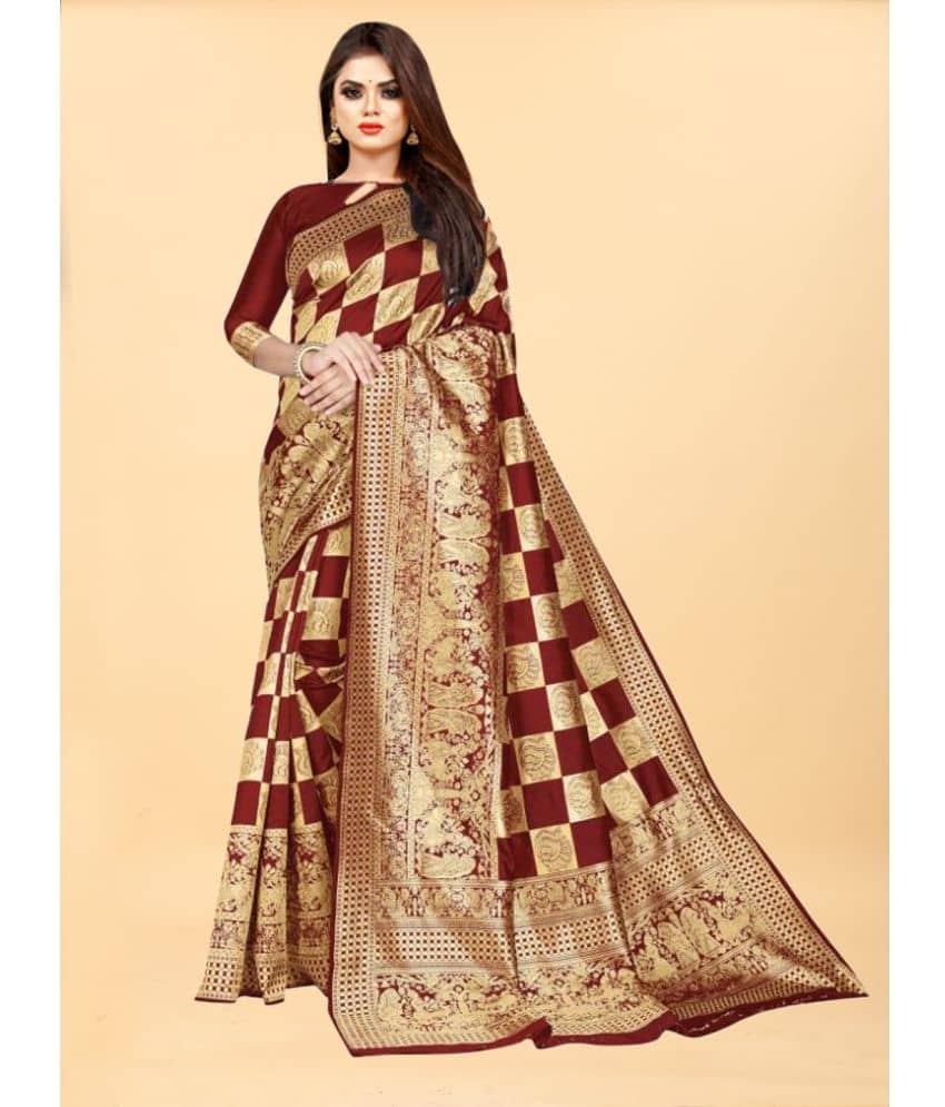 Gazal Fashions Banarasi Silk Embellished Saree With Unstitched Blouse Piece ( Maroon ) - Sarees | Buy online on ZillyBuy