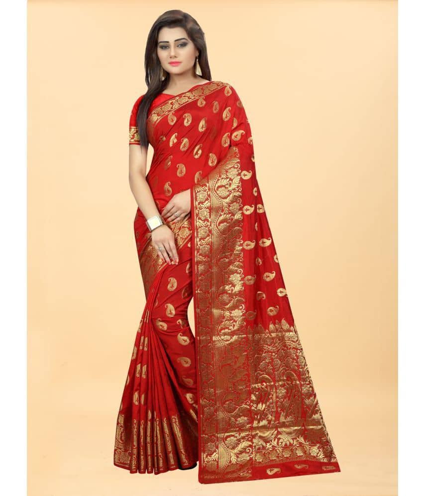 Gazal Fashions Banarasi Silk Embellished Saree With Unstitched Blouse Piece ( Red ) - Sarees | Buy online on ZillyBuy