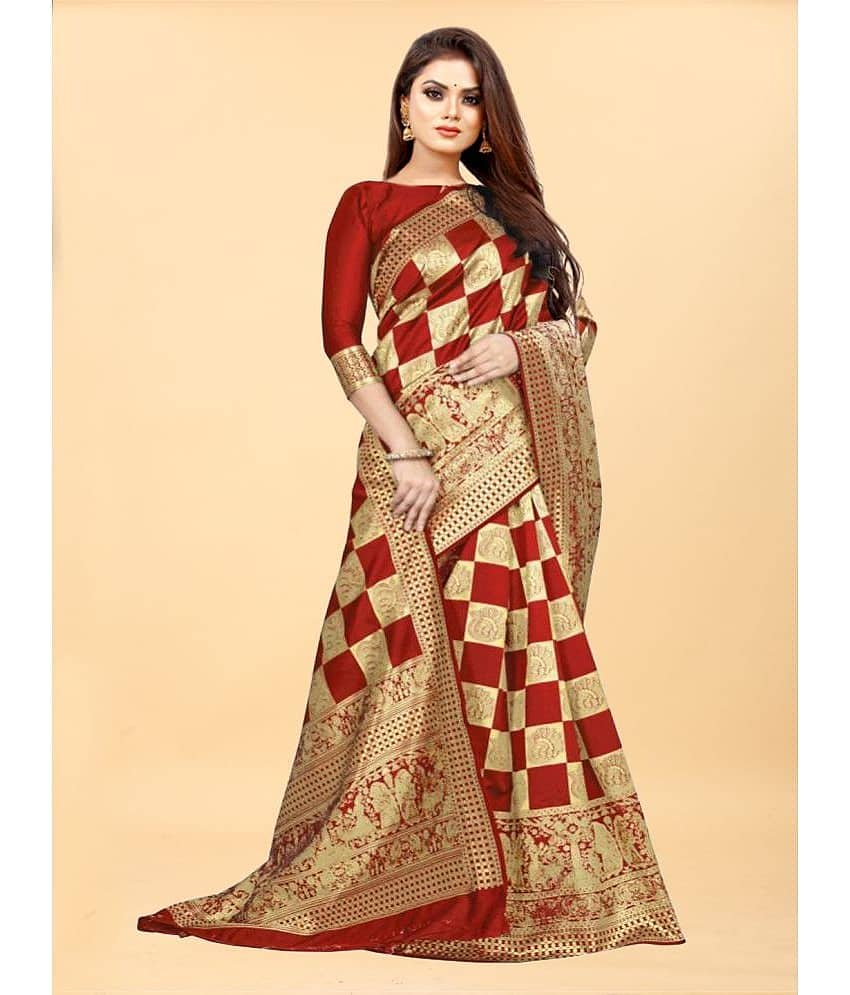 Gazal Fashions Banarasi Silk Embellished Saree With Unstitched Blouse Piece ( Red ) - Sarees | Buy online on ZillyBuy