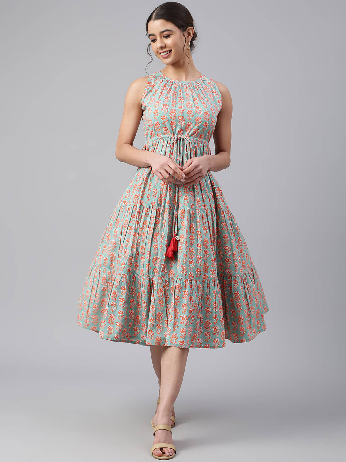 Janasya Women Cotton Printed Fit & Flare Dress ( Mint Green )