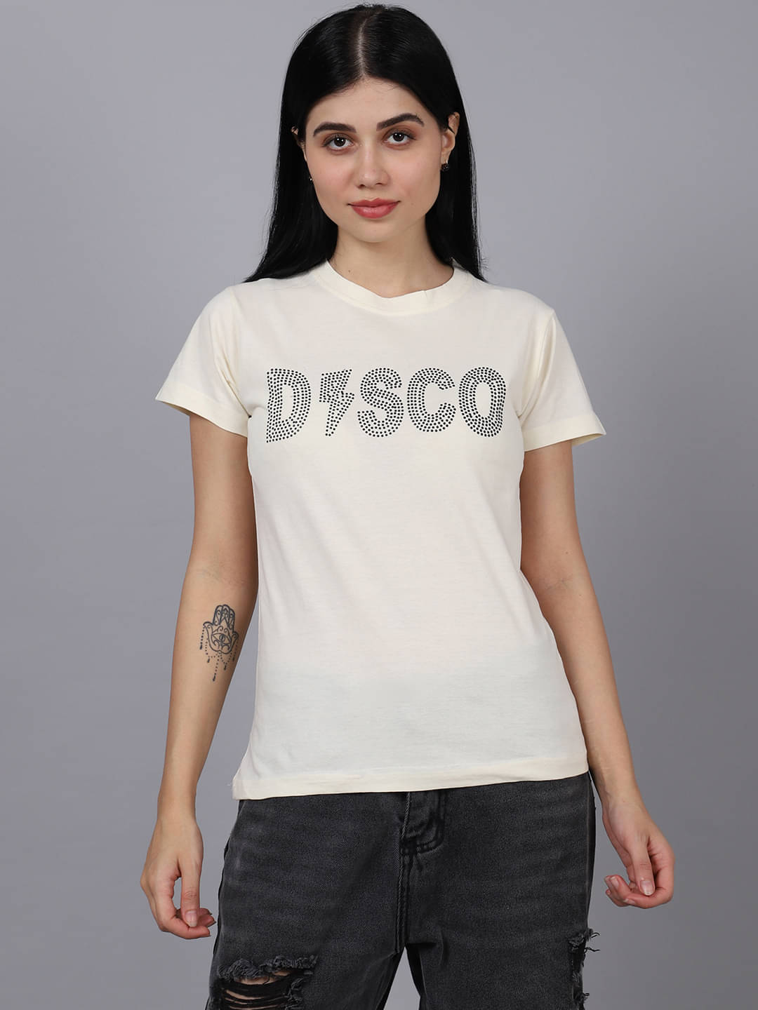     			Fabflee Women Cotton Printed Regular Fit Round Neck T-Shirt ( Cream )
