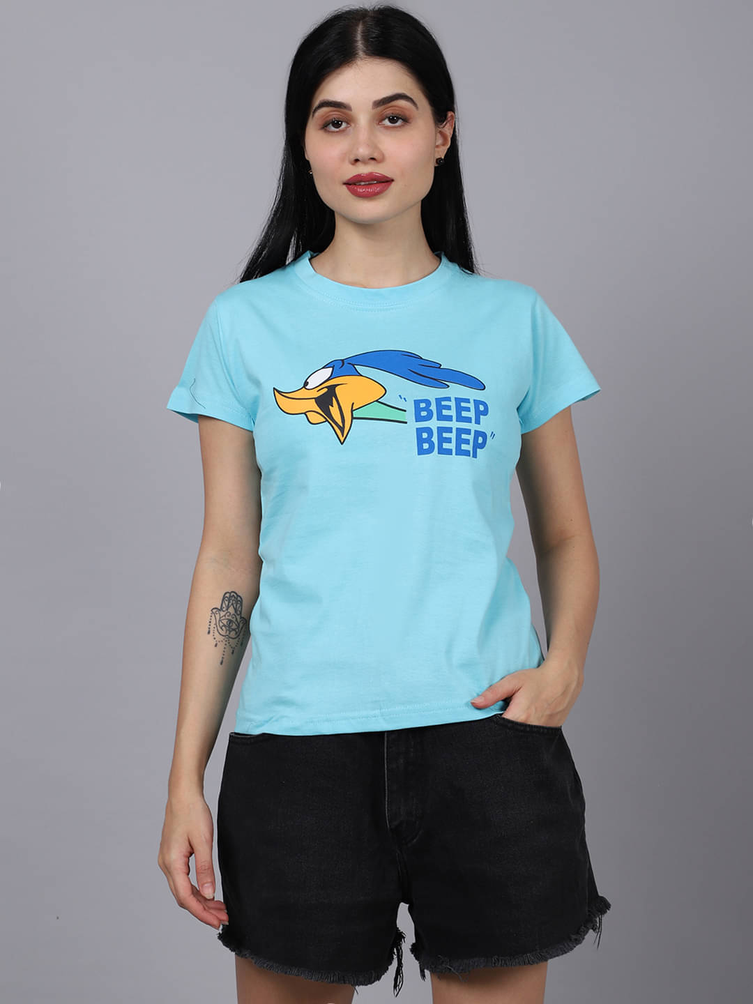    			Fabflee Women Cotton Printed Regular Fit Round Neck T-Shirt ( Light Blue )