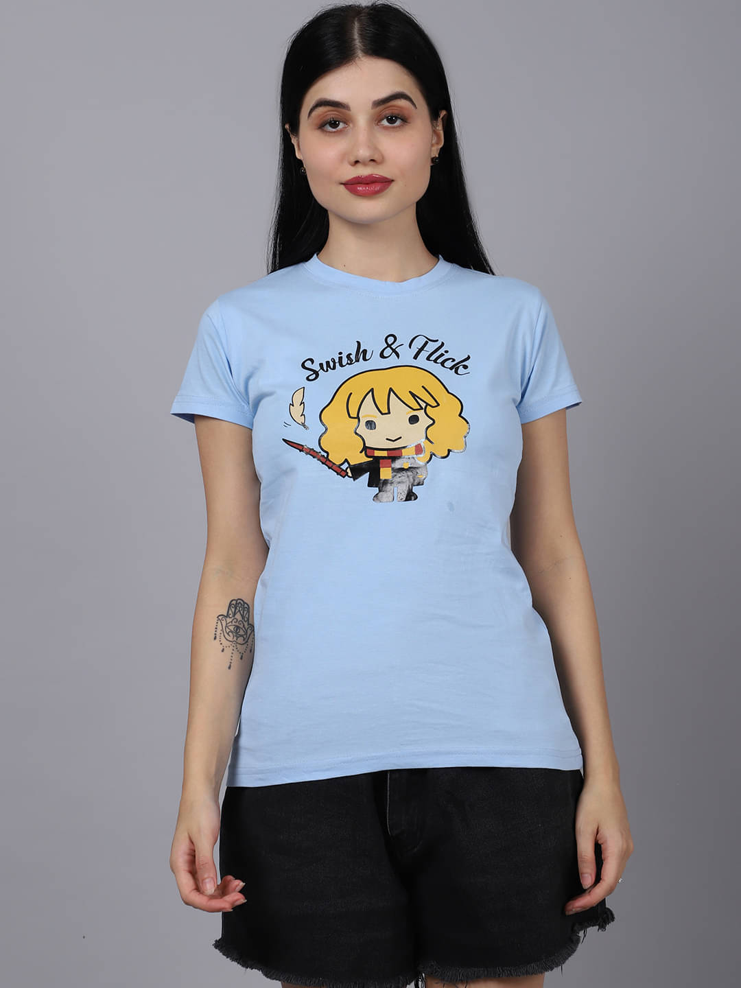     			Fabflee Women Cotton Printed Regular Fit Round Neck T-Shirt ( Light Blue )