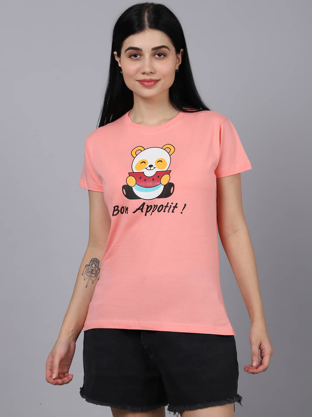     			Fabflee Women Cotton Printed Regular Fit Round Neck T-Shirt ( Peach )