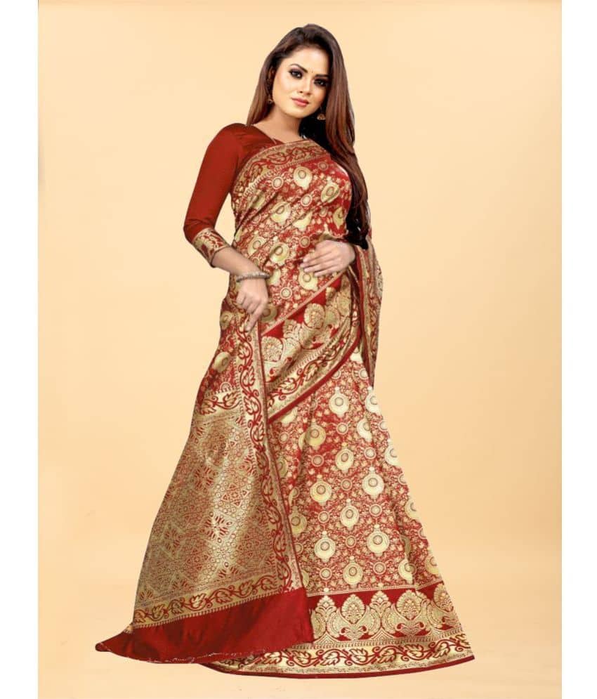 Gazal Fashions Banarasi Silk Embellished Saree With Unstitched Blouse Piece ( Red ) - Sarees | Buy online on ZillyBuy