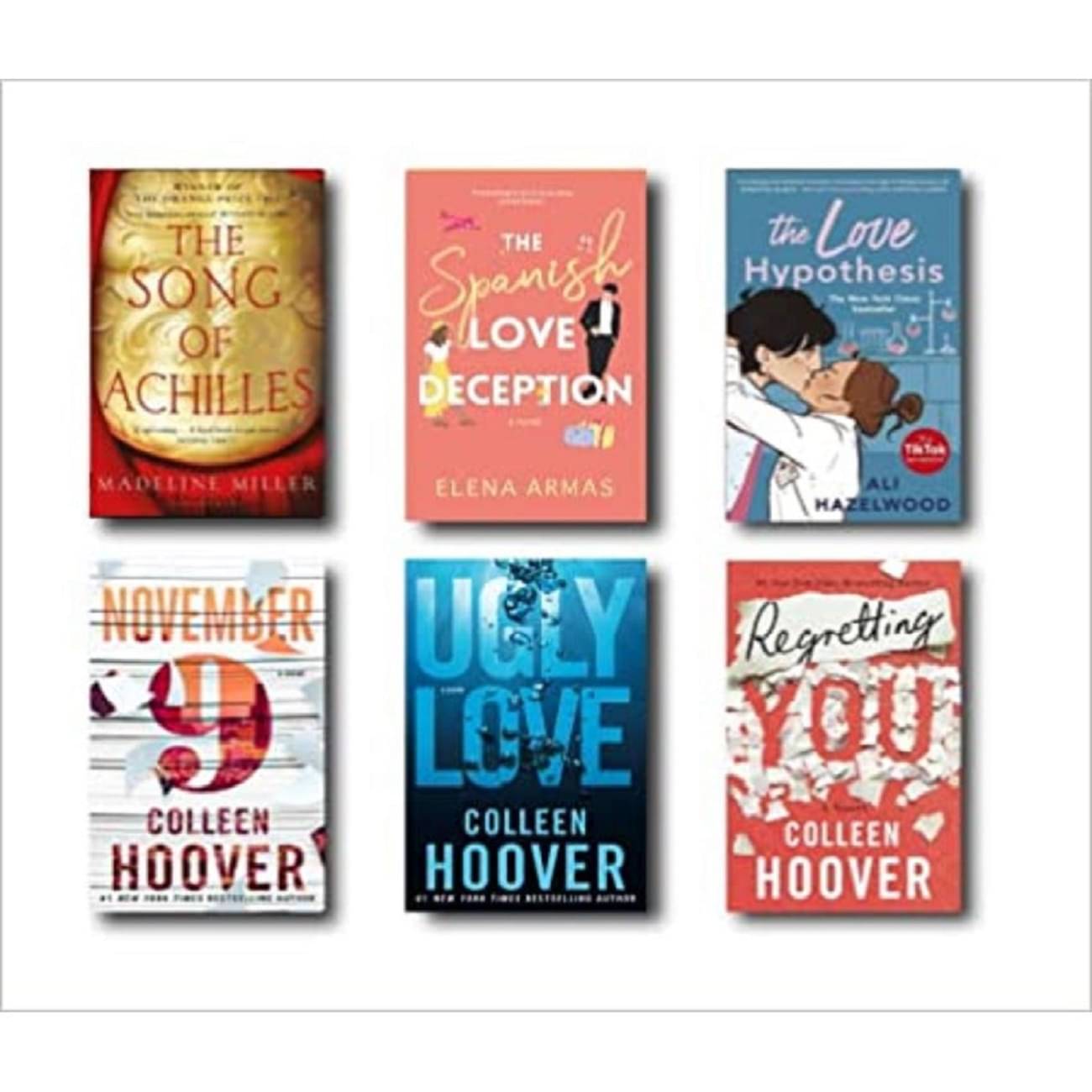 Song of Achilles + The Spanish Love Deception + The Love Hypothesis + November 9 + Ugly Love + Regretting You (Special Combo) (Bookmarks Included)     			Song of Achilles + The Spanish Love Deception + The Love Hypothesis + November 9 + Ugly Love + Regretting You (Special Combo) (Bookmarks Included)