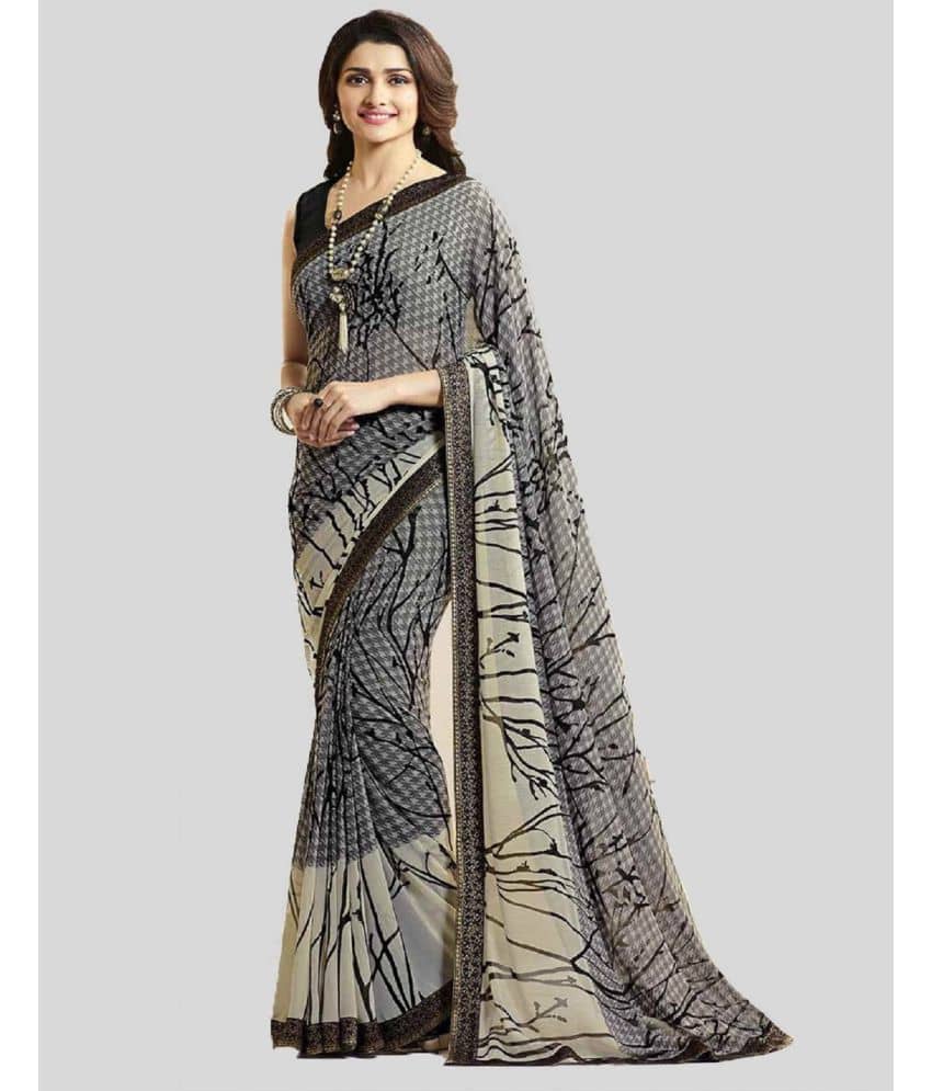 Gazal Fashions Georgette Printed Saree With Unstitched Blouse Piece ( Grey ) - Sarees | Buy online on ZillyBuy