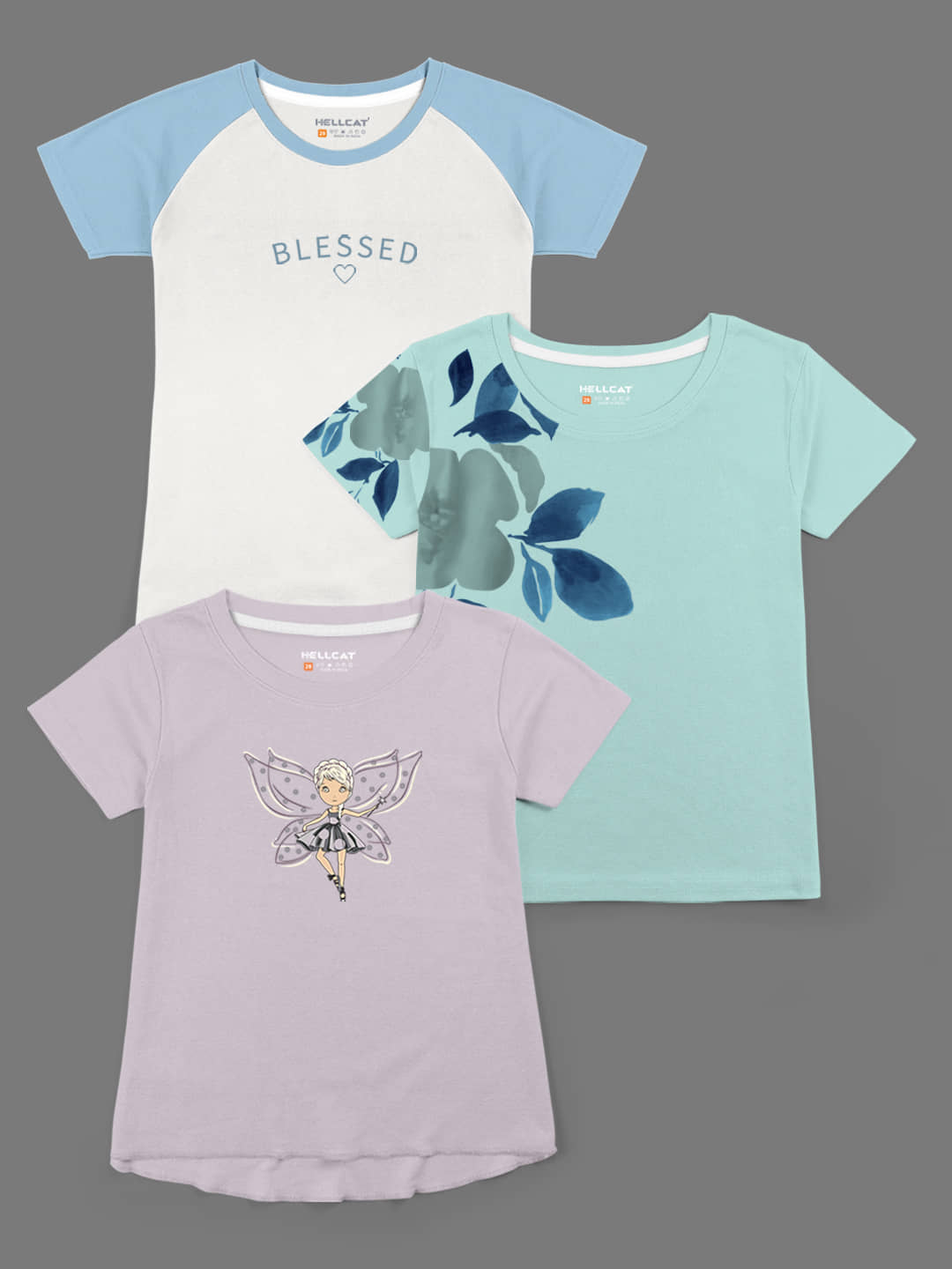HELLCAT Pack of 3 Girls Cotton Blend T-Shirt ( Multicolor )