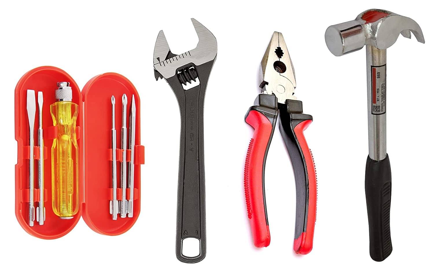     			Kadio Hand Tools Combo Set With 8" Adjustable Wrench, 8" Rubber Grip Combination Plier, Claw Hammer, 5 Pcs Screwdriver Set With Box  (Set of 4)