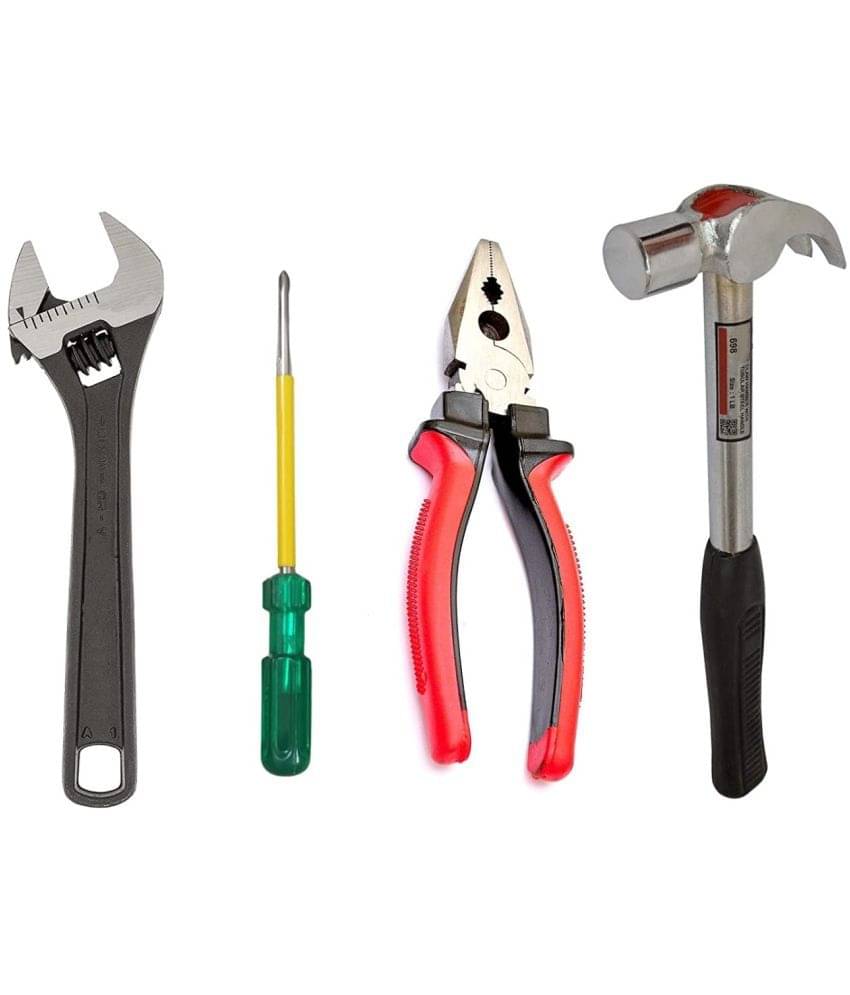     			KADIO-Hand Tools Combo Set With 8 inch Adjustable Wrench, 8 Inch Rubber Grip Combination Plier, Claw Hammer & 2-in-1 Reversible Screwdriver (Set of 4)