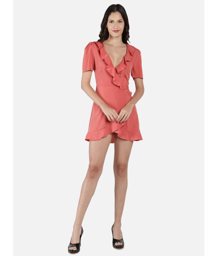 NUEVOSDAMAS Women Polyester Solid Wrap Dress ( Coral ) NUEVOSDAMAS Women Polyester Solid Wrap Dress ( Coral )