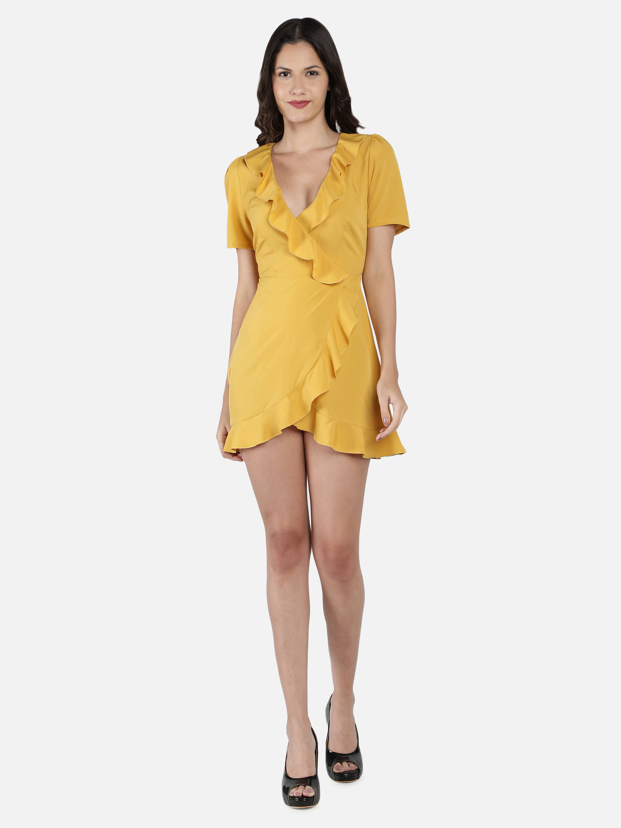 NUEVOSDAMAS Women Polyester Solid Wrap Dress ( Yellow ) NUEVOSDAMAS Women Polyester Solid Wrap Dress ( Yellow )