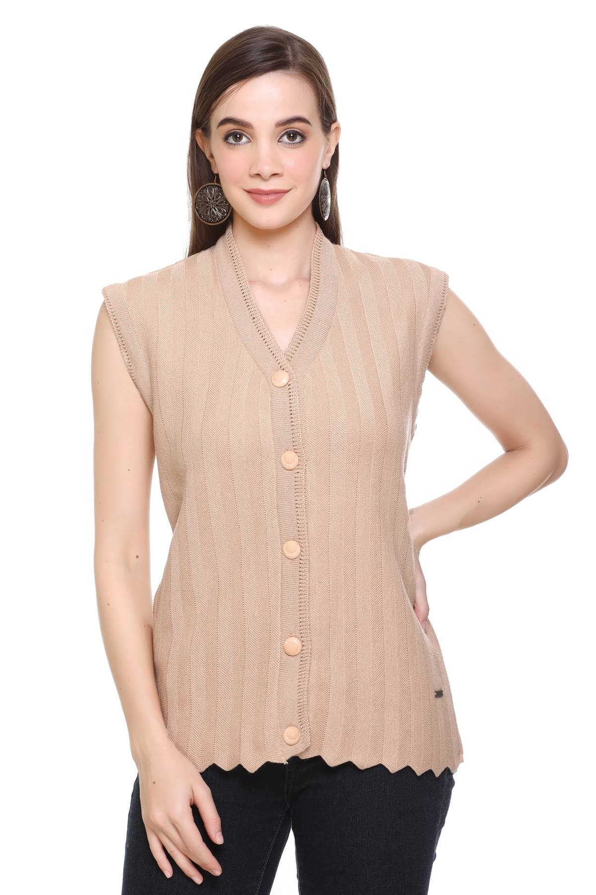 Nitsline Women Acrylic V-Neck Cardigan ( Beige )     			Nitsline Women Acrylic V-Neck Cardigan ( Beige )