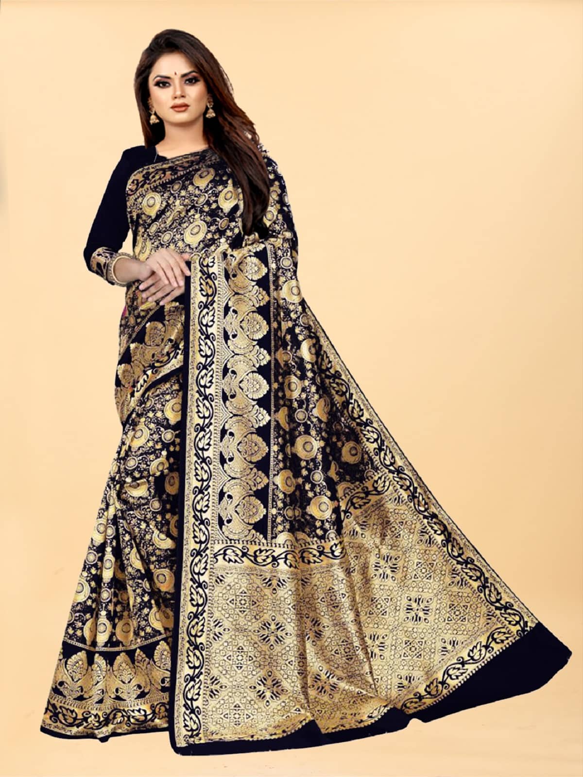 Gazal Fashions Banarasi Silk Embellished Saree With Unstitched Blouse Piece ( Black ) - Sarees | Buy online on ZillyBuy
