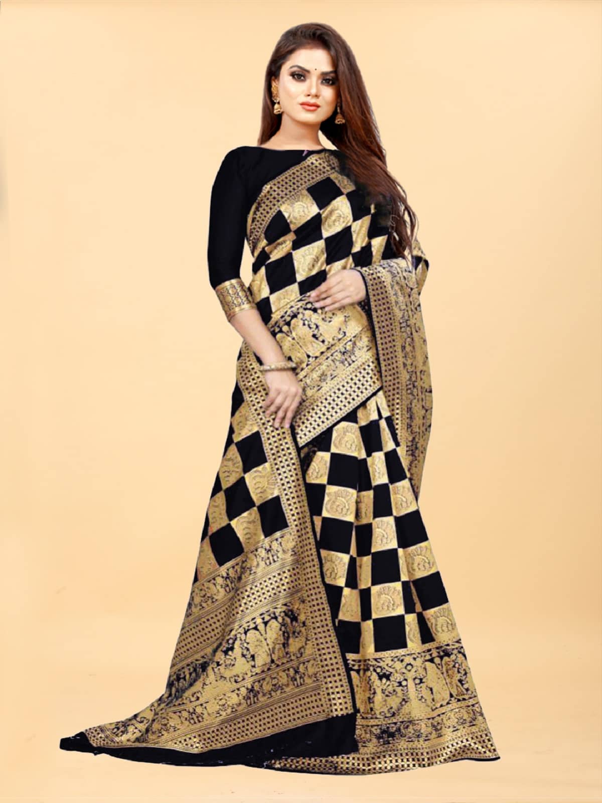 Gazal Fashions Banarasi Silk Embellished Saree With Unstitched Blouse Piece ( Black ) - Sarees | Buy online on ZillyBuy