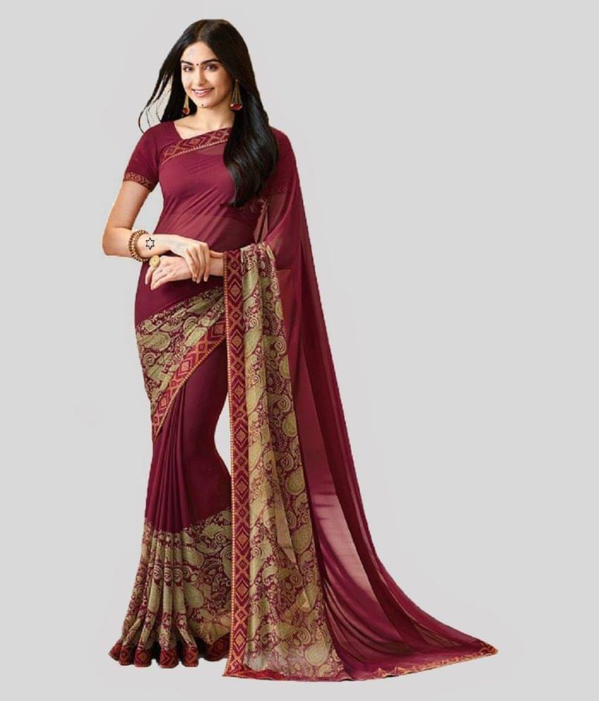 Gazal Fashions Chiffon Printed Saree With Unstitched Blouse Piece ( Maroon ) Gazal Fashions Chiffon Printed Saree With Unstitched Blouse Piece ( Maroon )