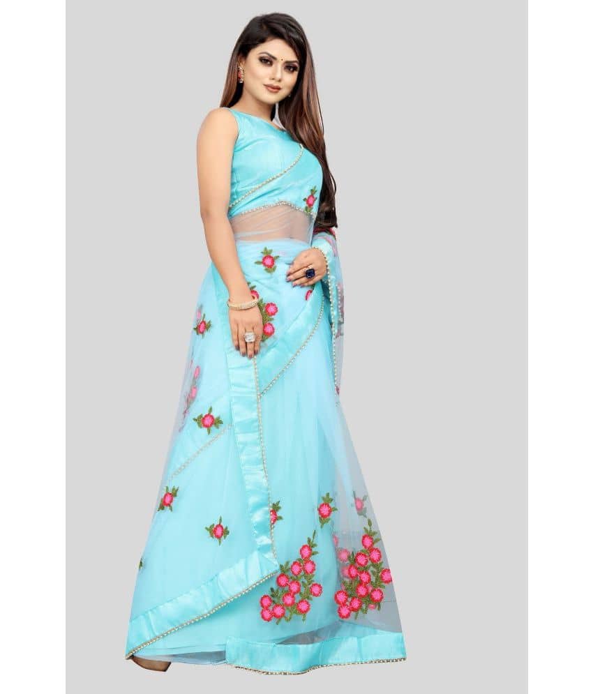 Gazal Fashions Net Embroidered Saree With Unstitched Blouse Piece ( SkyBlue ) - Sarees | Buy online on ZillyBuy