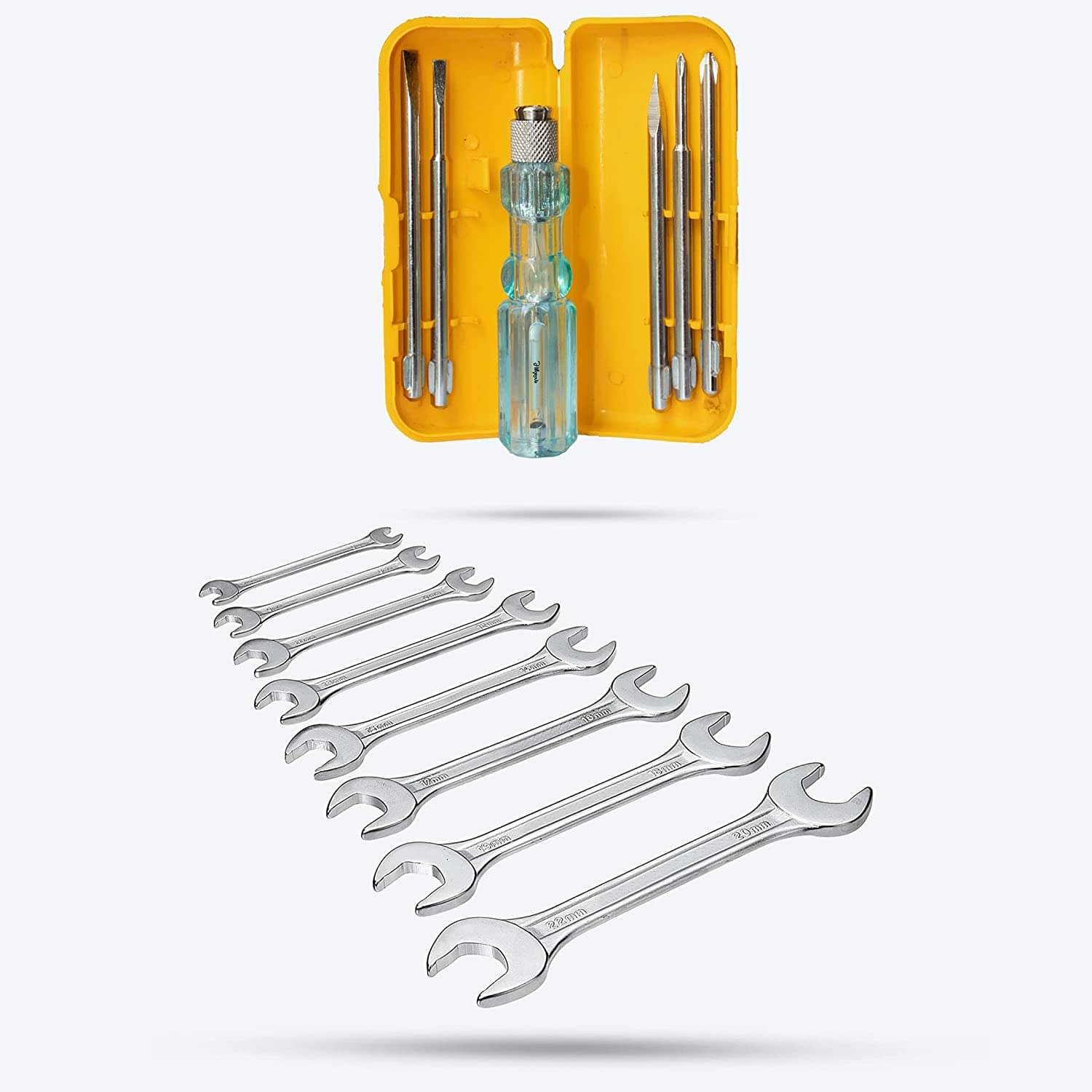 Kadio Hand Tools Combo Set With 5Pcs Screwdriver Set and 8 Pcs Double Open End Spanner (Multicolor, Heavy Duty)(Set of 2)     			Kadio Hand Tools Combo Set With 5Pcs Screwdriver Set and 8 Pcs Double Open End Spanner (Multicolor, Heavy Duty)(Set of 2)