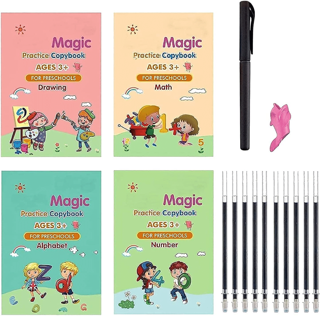    			Sank Magic Practice Copybook - (1 Pen + 1 Grip + 4 BOOKS + 10 REFILL)   Writing & Drawing Books Kit Calligraphy Books for kids Alphabets for Kids Learning Handwriting Practice Copybook for Kids With Pen set for Preschooler