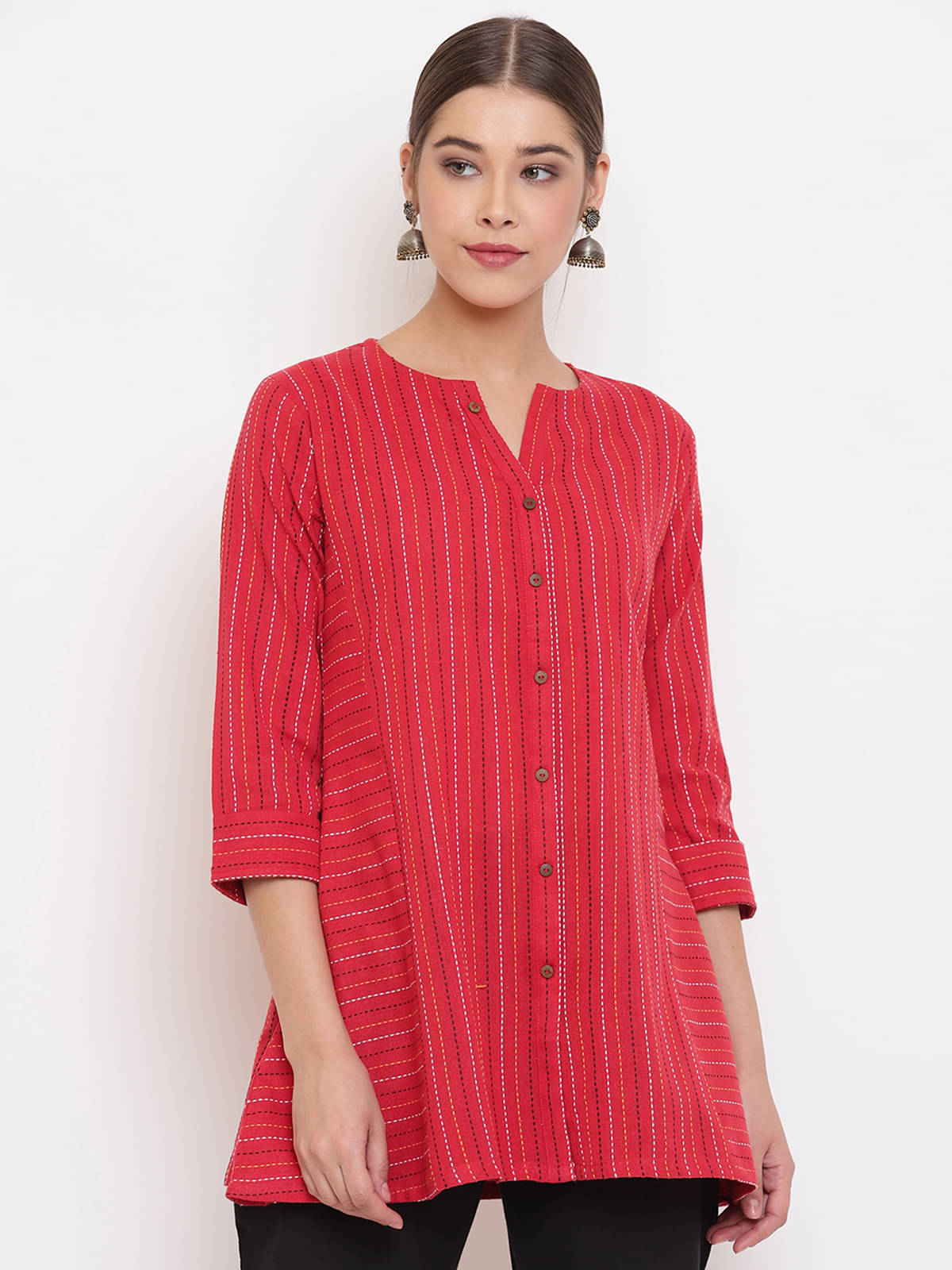     			Janasya - Red Cotton Women's Ethnic A-Line Top ( Pack of 1 )