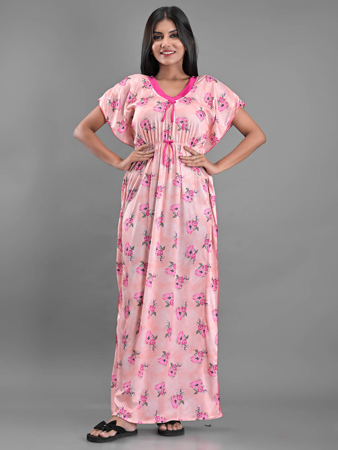 Anjaneya Creations - Pink Satin Women's Nightwear Kaftan Night Dress ( Pack of 1 ) Anjaneya Creations - Pink Satin Women's Nightwear Kaftan Night Dress ( Pack of 1 )