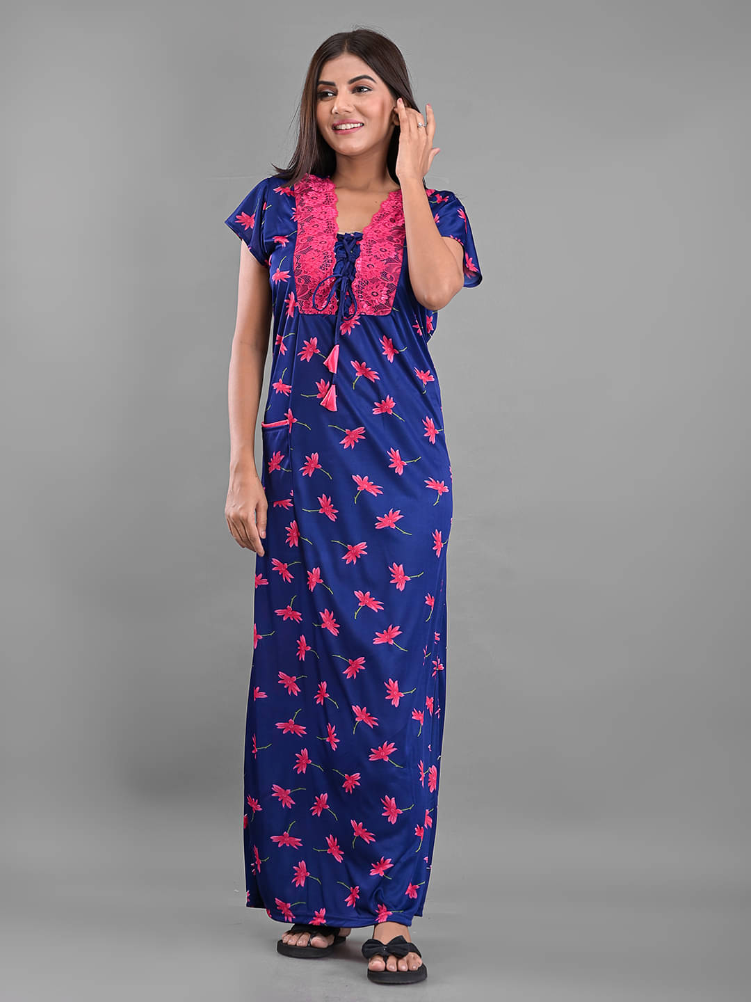 Anjaneya Creations - Blue Satin Women's Nightwear Nighty & Night Gowns ( Pack of 1 )     			Anjaneya Creations - Blue Satin Women's Nightwear Nighty & Night Gowns ( Pack of 1 )