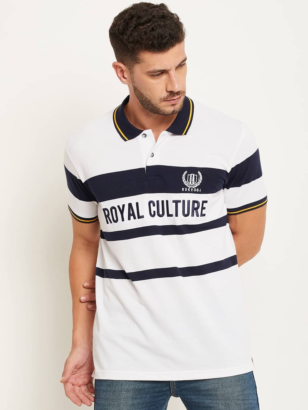 Duke Pack of 1 Cotton Blend Slim Fit Striped Half Sleeves Men's Polo T Shirt ( Blue ) Duke Pack of 1 Cotton Blend Slim Fit Striped Half Sleeves Men's Polo T Shirt ( Blue )