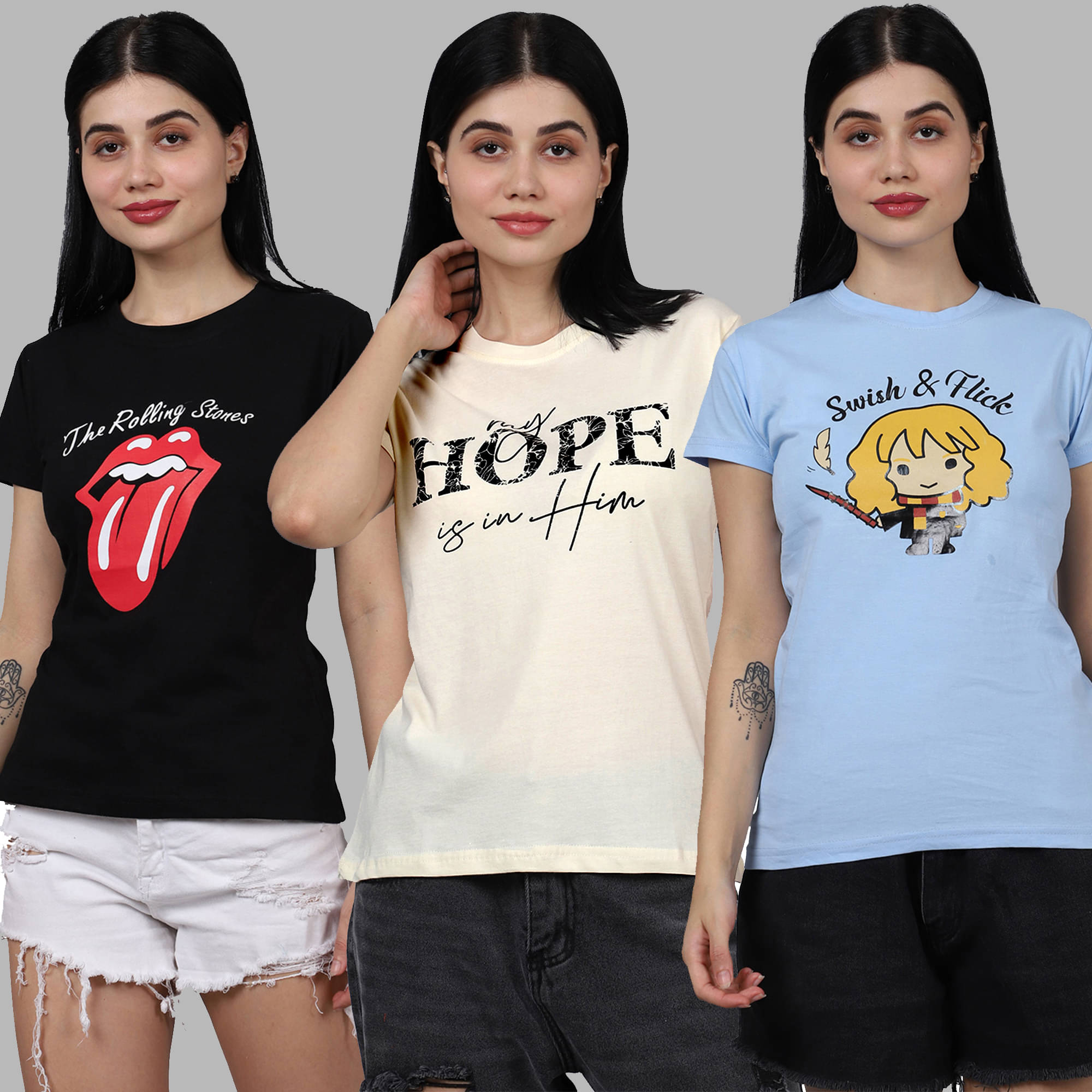     			Fabflee Women Cotton Printed Regular Fit Round Neck T-Shirt ( Multicolor )