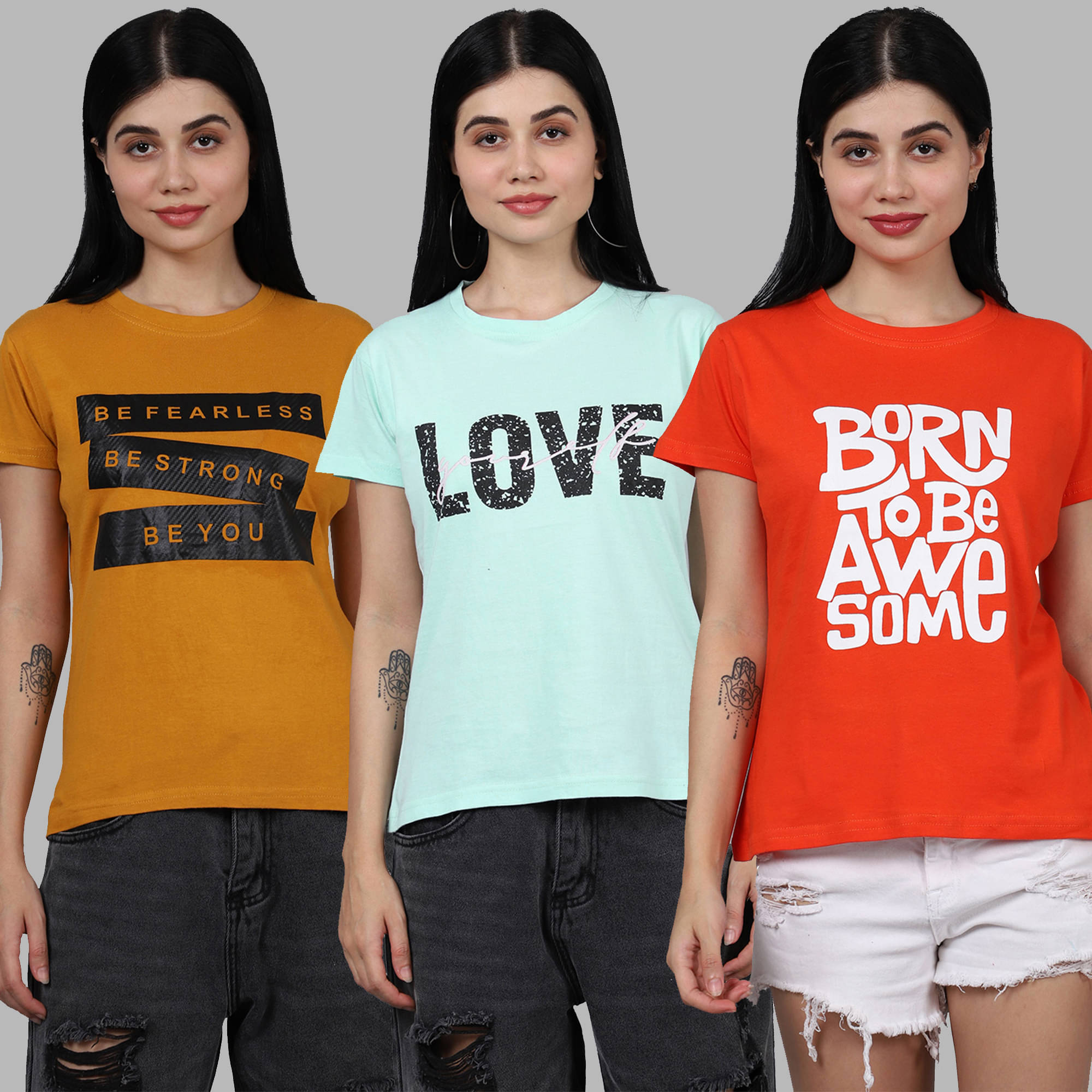     			Fabflee Women Cotton Printed Regular Fit Round Neck T-Shirt ( Multicolor )
