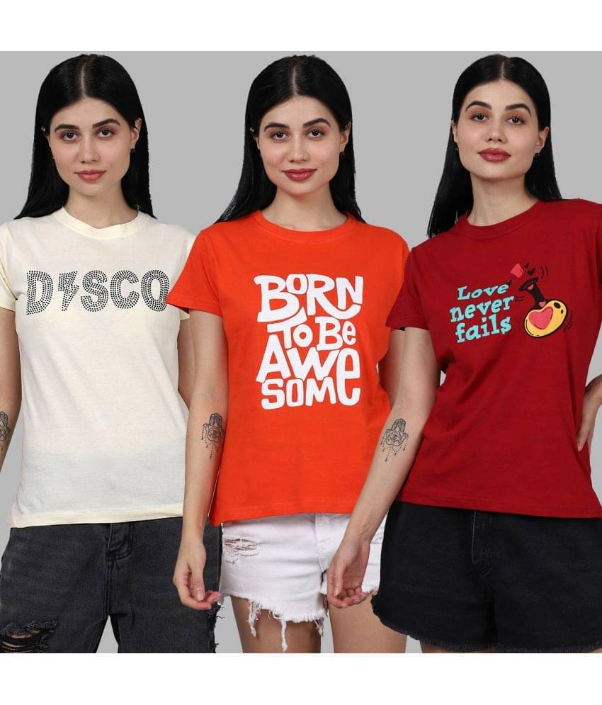     			Fabflee Women Cotton Printed Regular Fit Round Neck T-Shirt ( Multicolor )