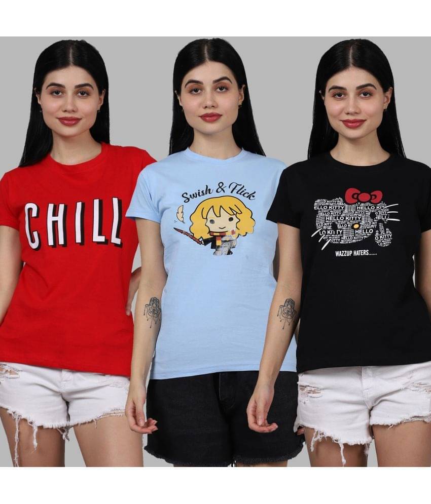     			Fabflee Women Cotton Printed Regular Fit Round Neck T-Shirt ( Multicolor )