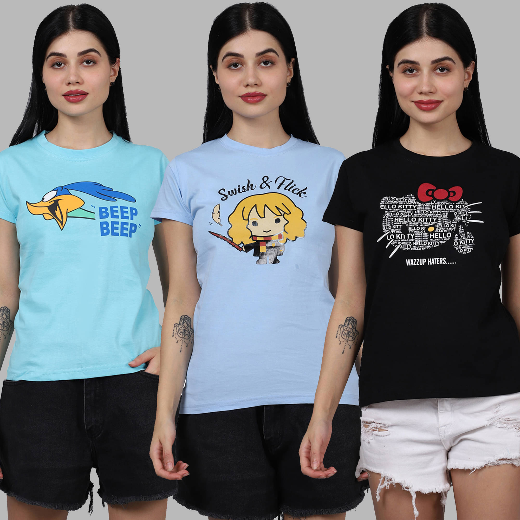     			Fabflee Women Cotton Printed Regular Fit Round Neck T-Shirt ( Multicolor )