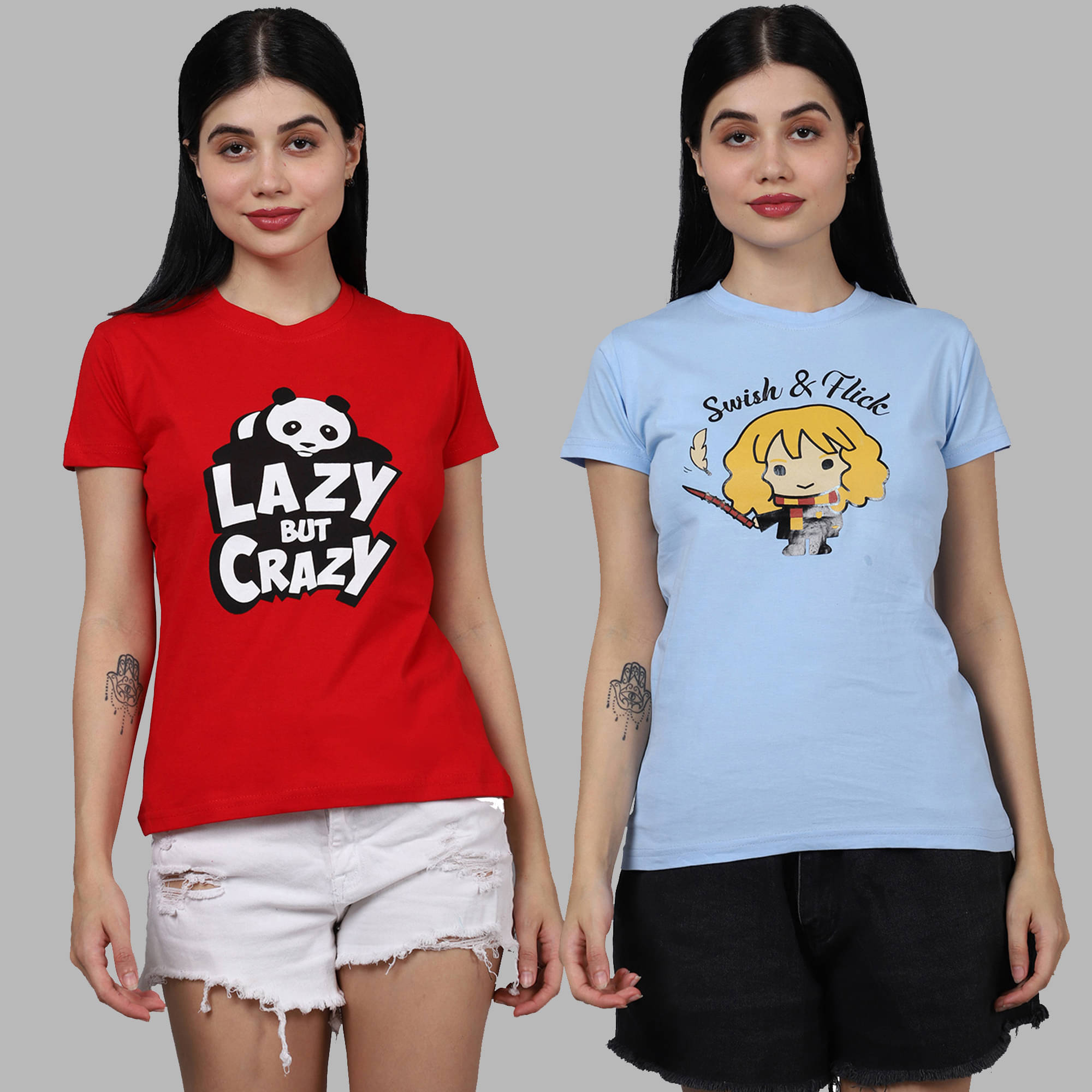     			Fabflee Women Cotton Printed Regular Fit Round Neck T-Shirt ( Multicolor )