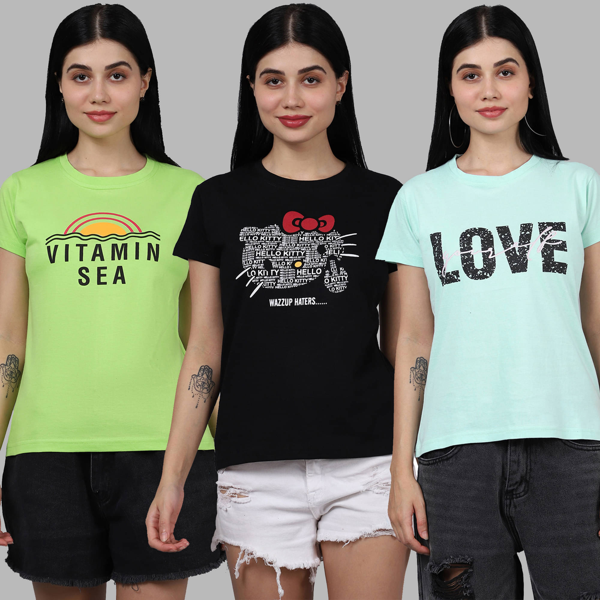     			Fabflee Women Cotton Printed Regular Fit Round Neck T-Shirt ( Multicolor )
