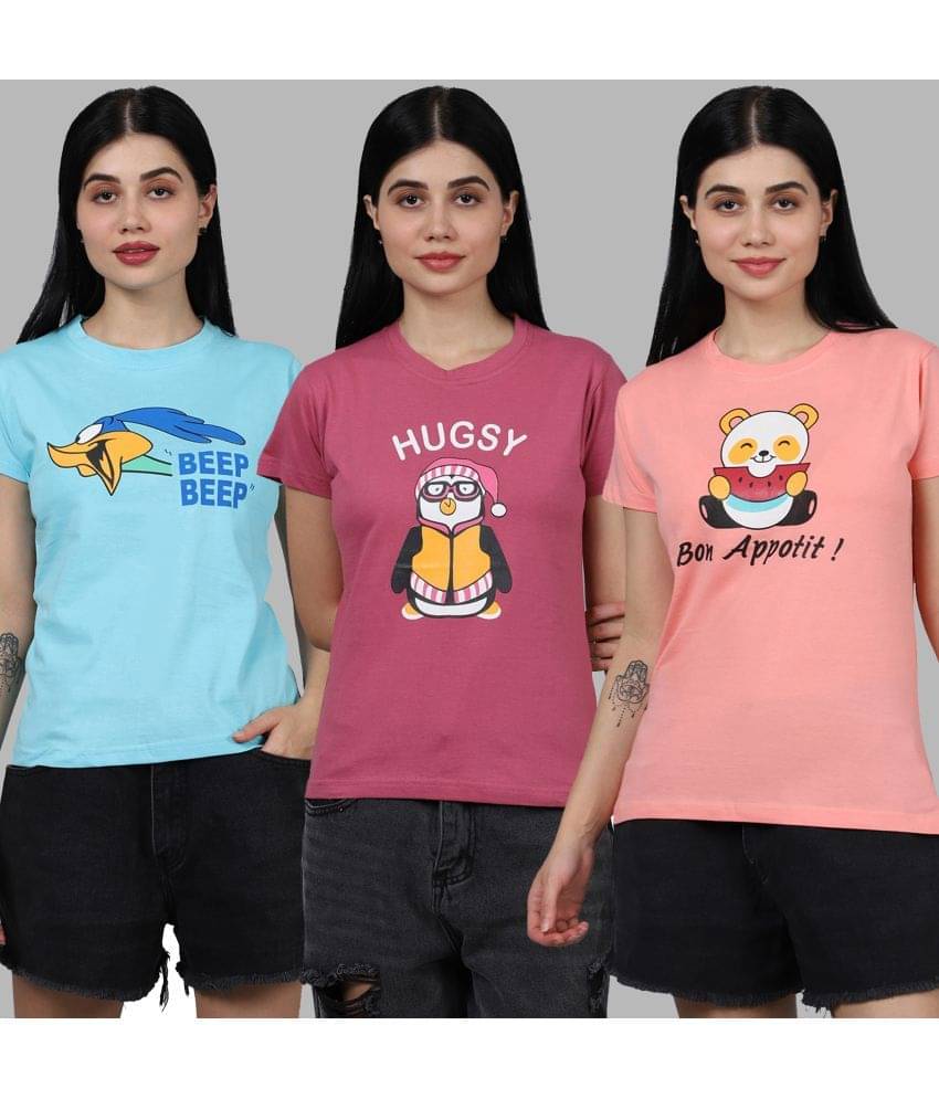     			Fabflee Women Cotton Printed Regular Fit Round Neck T-Shirt ( Multicolor )