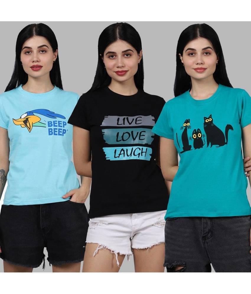     			Fabflee Women Cotton Printed Regular Fit Round Neck T-Shirt ( Multicolor )