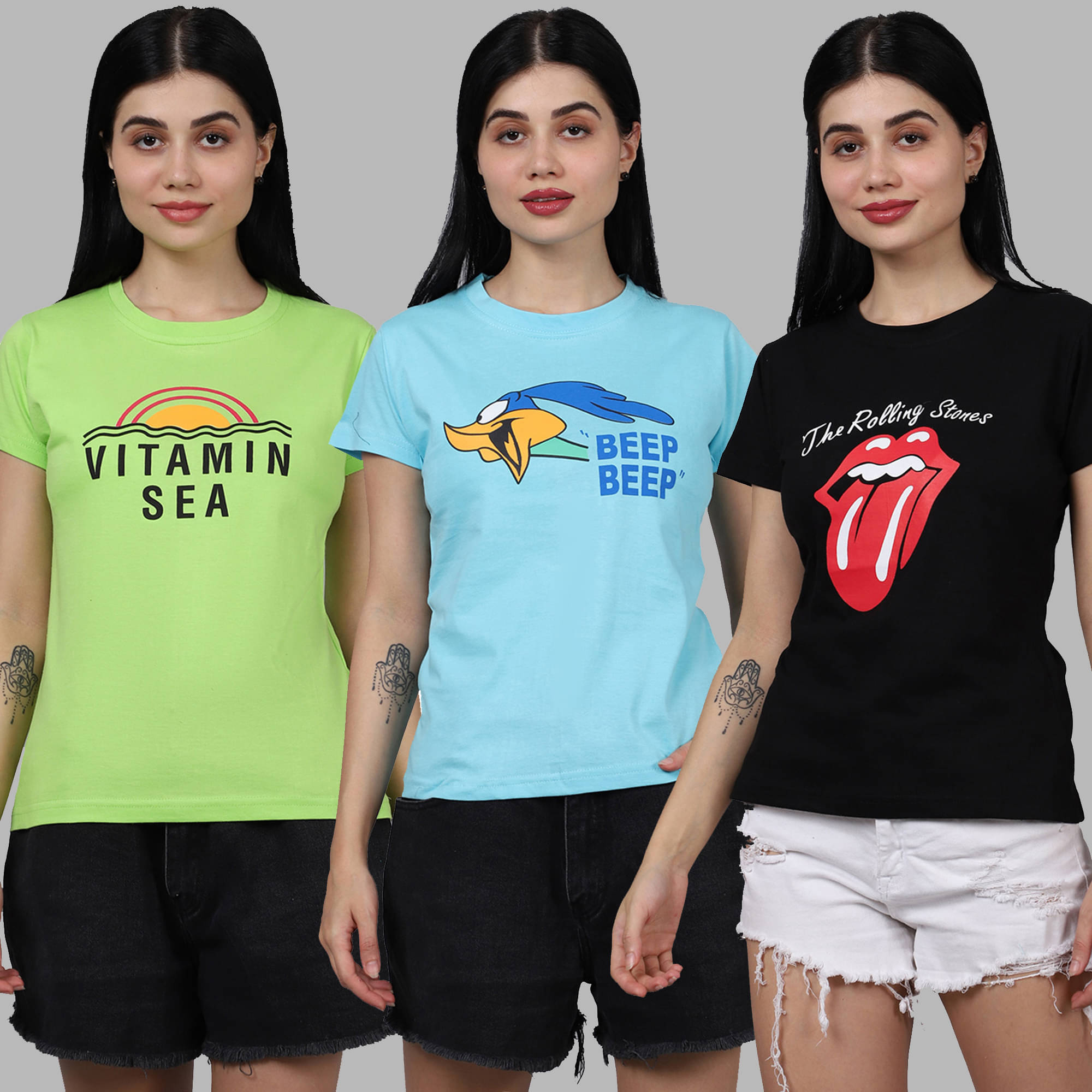 Fabflee Women Cotton Printed Regular Fit Round Neck T-Shirt ( Multicolor )     			Fabflee Women Cotton Printed Regular Fit Round Neck T-Shirt ( Multicolor )
